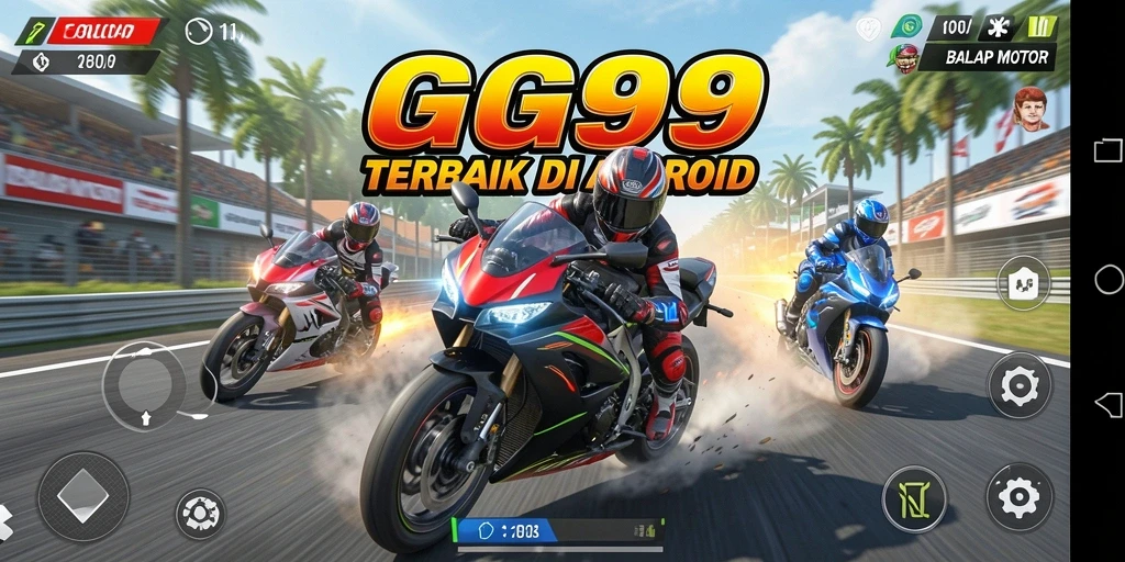Antarmuka GG99 menampilkan perlombaan motor yang seru dan intens.