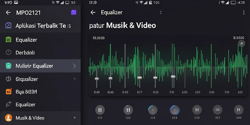 Screenshot MPO2121 menampilkan antarmuka Equalizer dengan pengaturan audio yang dinamis.