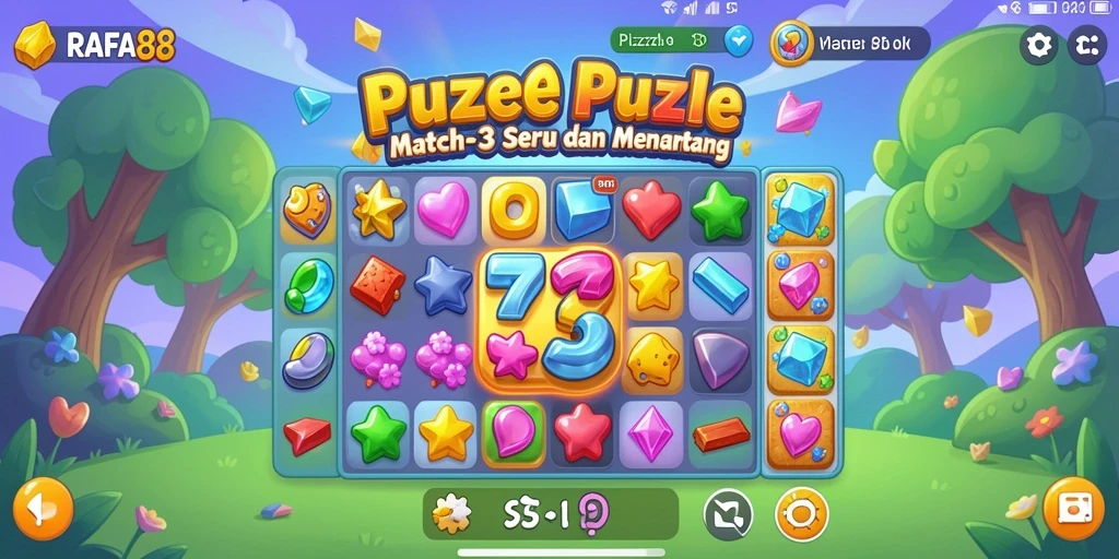 Antarmuka utama RAFA88 menampilkan permainan Puzzle Match-3 yang seru dan menarik.