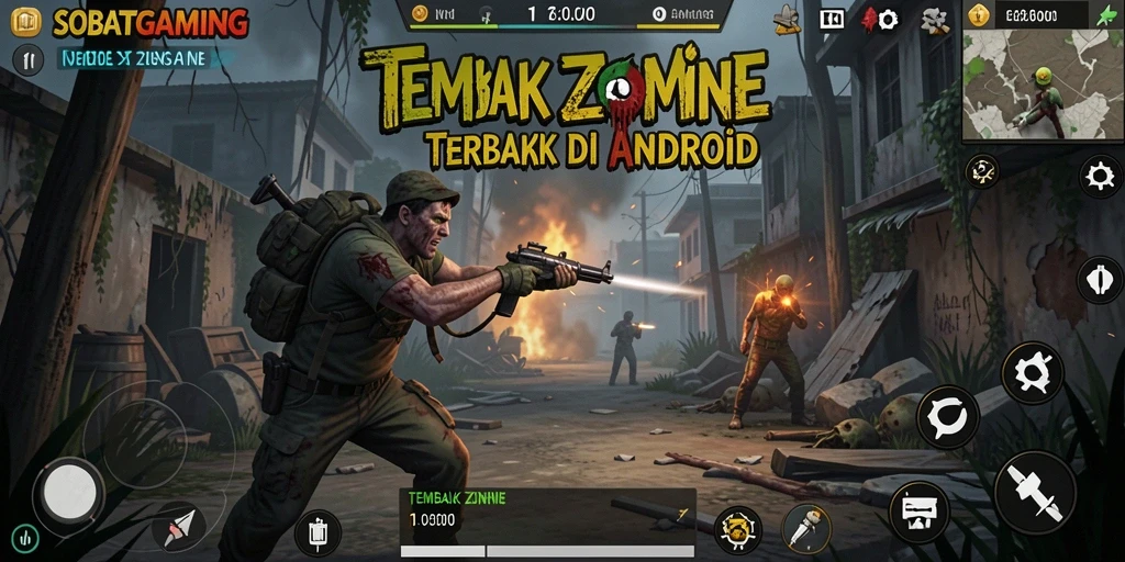 Antarmuka permainan SOBATGAMING dengan aksi tembak zombie yang seru.